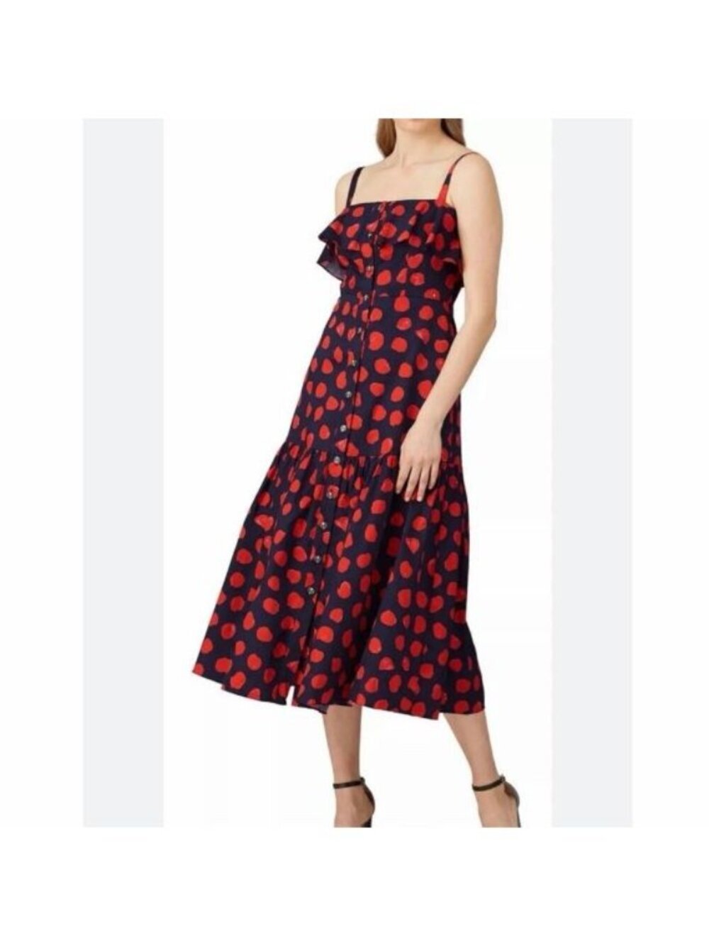 Borgo De Nor Florence Navy Blue Red Polka Dot Ruffle Midi Dress Size 10 Cotton